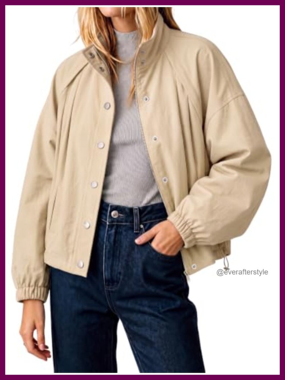 Cropped Bomber Jacket Button Down Stand Collar Loose Fit Casual Fall Coat